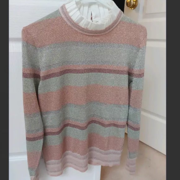 Ted Baker metallic pink silver stripe frill sweater top blouse size 2 nwot - Picture 1 of 6